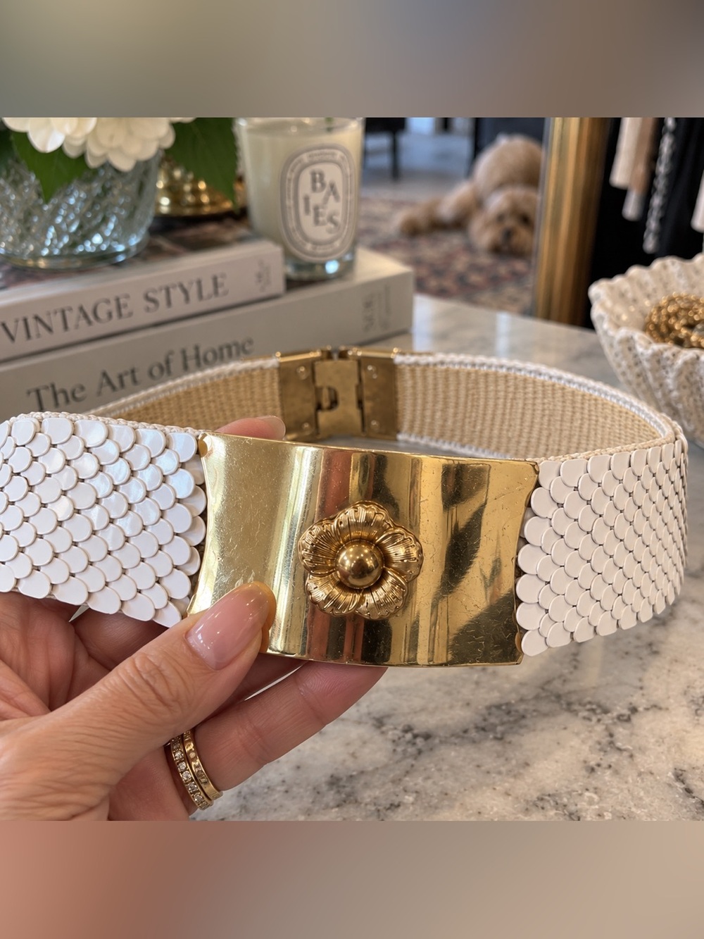 Vintage Harwill NYC White Fish Scale Stretch Belt Gold Buckle